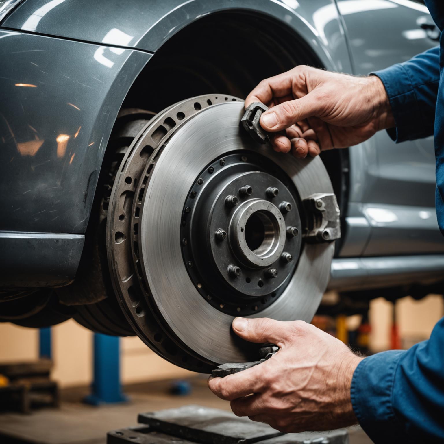 Mechanic working on brake rotor and pads
