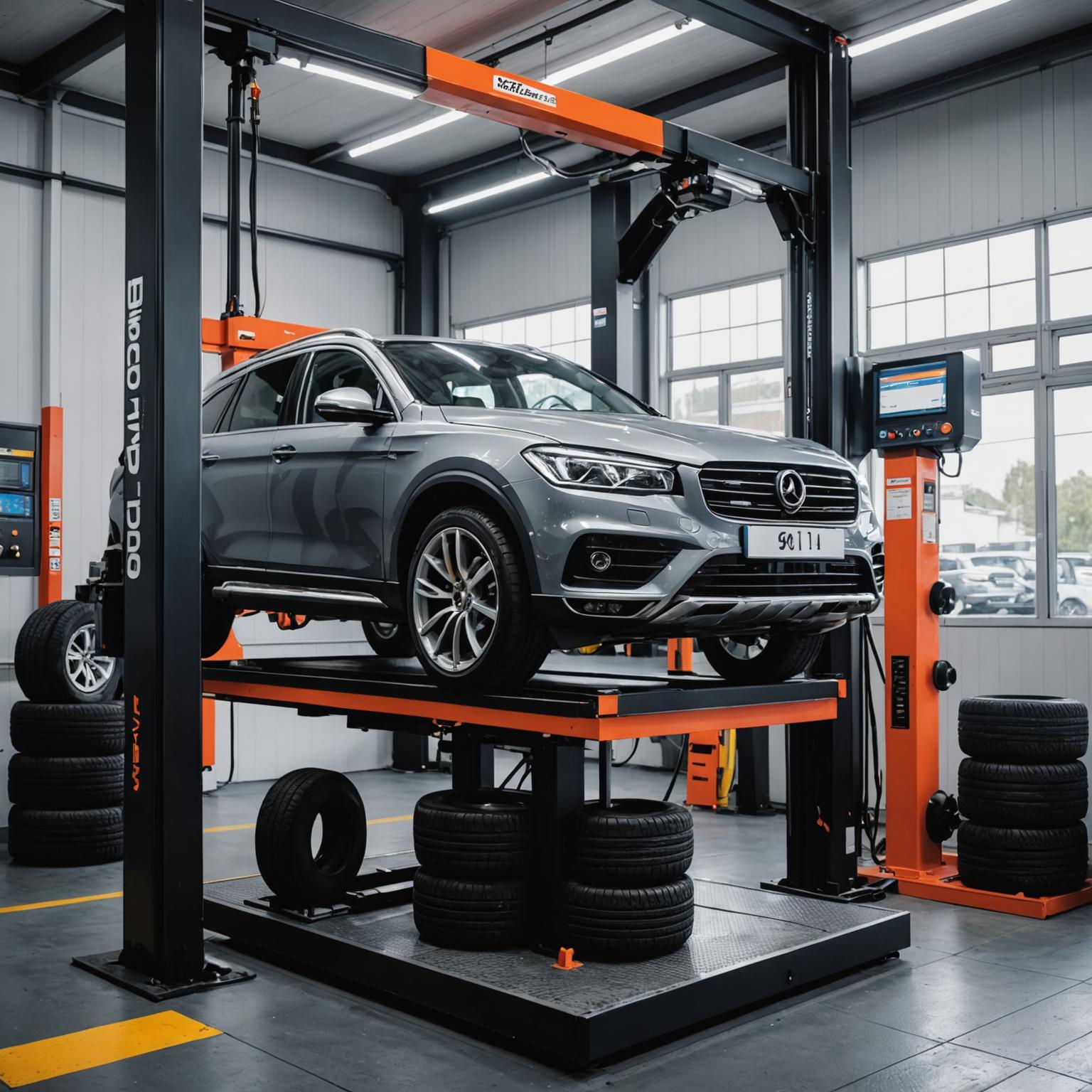 Tyre alignment machine with a vehicle on the lift
